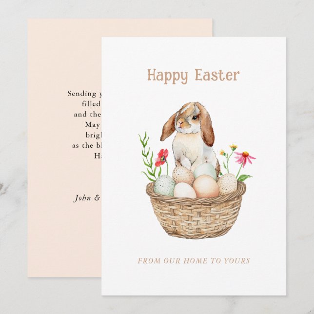 Cartão De Festividades Coelhinho bonito e ovos saudações achatadas de Fel (Frente/Verso)