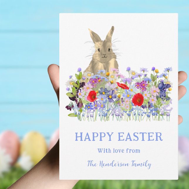 Cartão De Festividades Coelhinho-Cinto-felz pascoa e flores selvagens (Happy Easter Bunny watercolor Floral custom holiday greetings card)