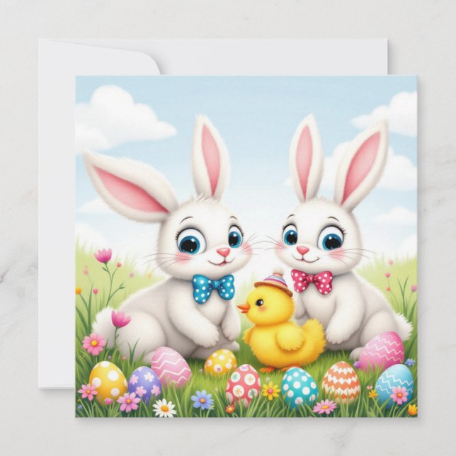 Cartão De Festividades Coelhinho da Páscoa e Saudação de Pintinho (Frente)