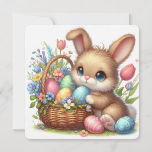 Cartão De Festividades Coelhinho da Páscoa Fofo com Ovos, Flores e Cesta