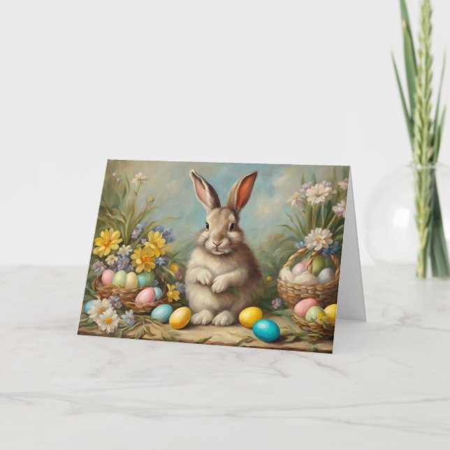 Cartão De Festividades Coelhinho de Páscoa com Páscoa, Flores (Frente)