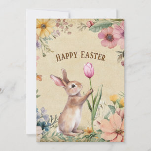 Cartão De Festividades Coelhinho de Páscoa com Tulipa Rosa Floral Vintage