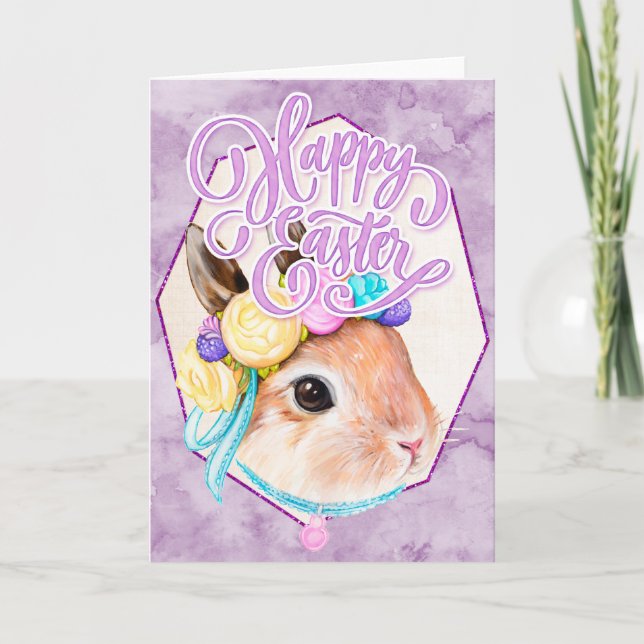 Cartão De Festividades Coelhinho de Páscoa de Aquarela com Flor - Felz pa (Frente)