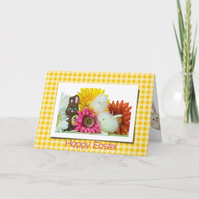 Cartão De Festividades Coelhinho De Páscoa De Chocolate Em Gingham (Frente)