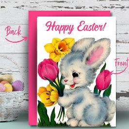 Cartão De Festividades Coelhinho Em Flores Felz pascoa Retro Personalizad