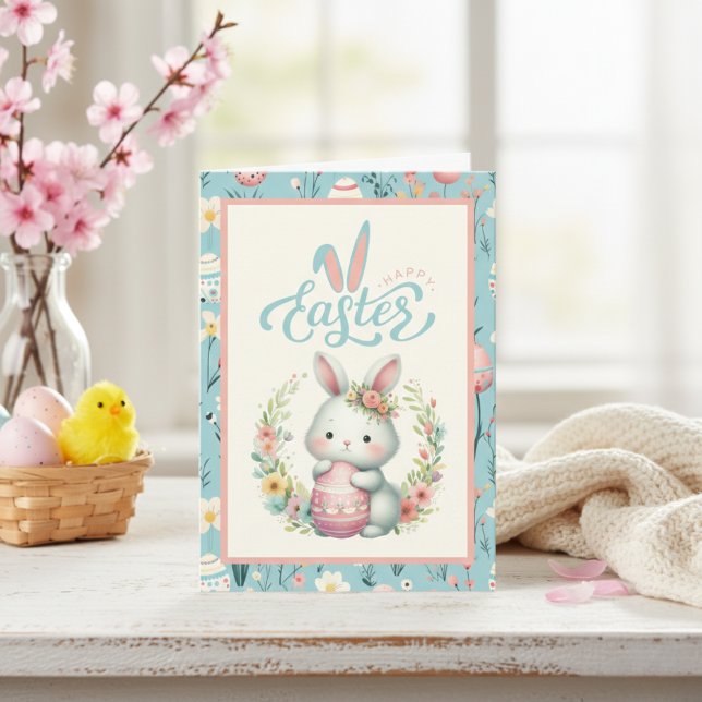 Cartão De Festividades Coelhinho Floral Doce Com Felz pascoa De Ovo Perso (Sweet Floral Bunny With Egg Happy Easter Custom Holiday Card)