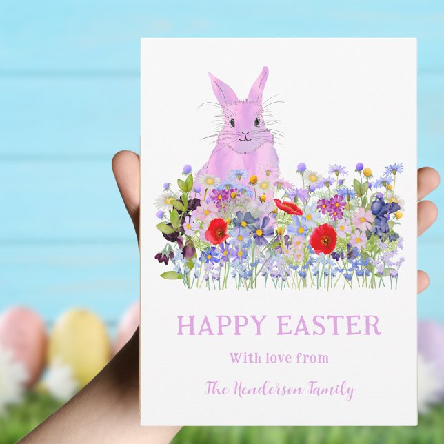 Cartão De Festividades Coelhinho Rosa-felz pascoa Boho Wilflower Watercol (Happy Easter pink bunny and colorful wildflowers personalized flat holiday card)