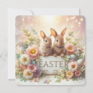 Cartão De Festividades Coelhinhos de Páscoa com Flores e Ovos de Páscoa