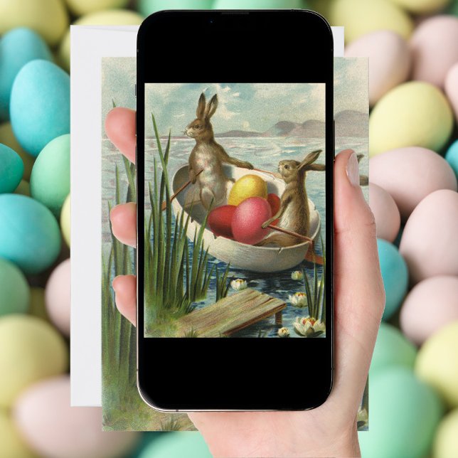 Cartão De Festividades Coelhinhos de Páscoa em um Barco com Ovos de Pásco (Criador carregado)