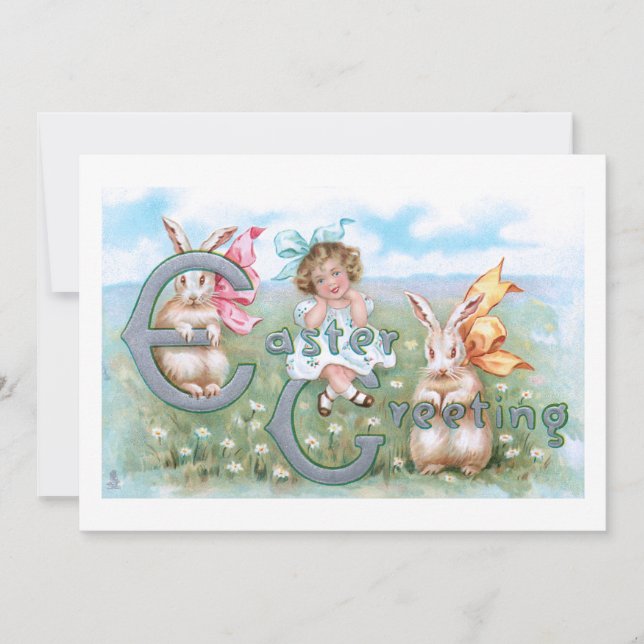 Cartão De Festividades Coelhinhos de Páscoa Festivos, Criança e Saudação (Frente)