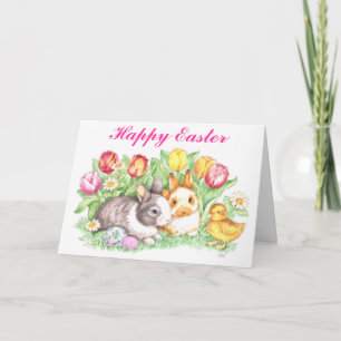 Cartão De Festividades Coelhinhos de Páscoa, Patos e Tulipas
