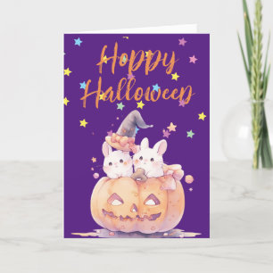 Cartão De Festividades Coelhinhos em Saudação de Halloween de Abóbora