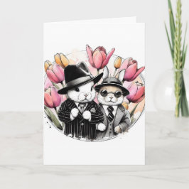 Cartão De Festividades Coelhinhos Gângsteres de Páscoa Vintage Adoráveis