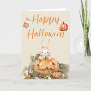 Cartão De Festividades Coelho Adorável no Halloween do Campo de Abóboras