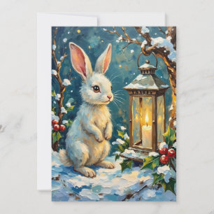 Cartão De Festividades Coelho Branco Vintage com Lanterna de Natal