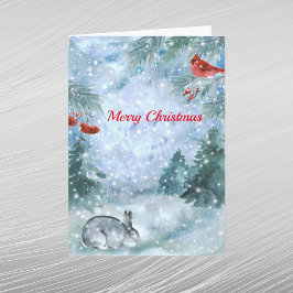 Cartão De Festividades Coelho Cardinal Vermelho do Natal Paisagem Aquarel