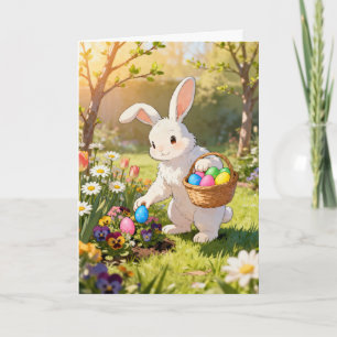 Cartão De Festividades Coelho da Páscoa Escondendo Ovos em um Jardim