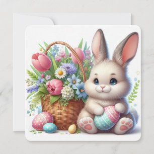 Cartão De Festividades Coelho da Páscoa Fofo com Ovos, Flores e Cesta