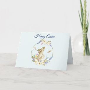 Cartão De Festividades Coelho de Páscoa em aquarela e flores de primavera