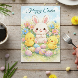 Cartão De Festividades Coelho e Filhotes Felizes de Páscoa em Pastel Fofo
