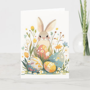 Cartão De Festividades Coelho e Ovos de Páscoa Pastel