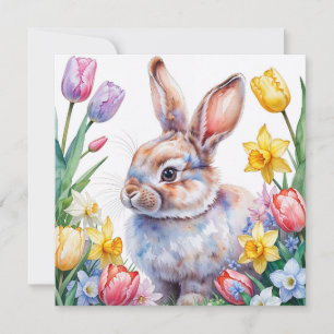 Cartão De Festividades Coelho em aquarela e flores de primavera