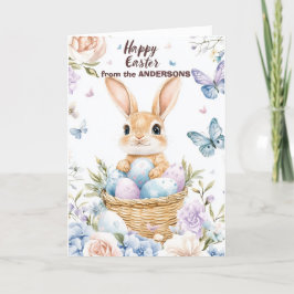 Cartão De Festividades Coelho em cesto com ovos de Páscoa