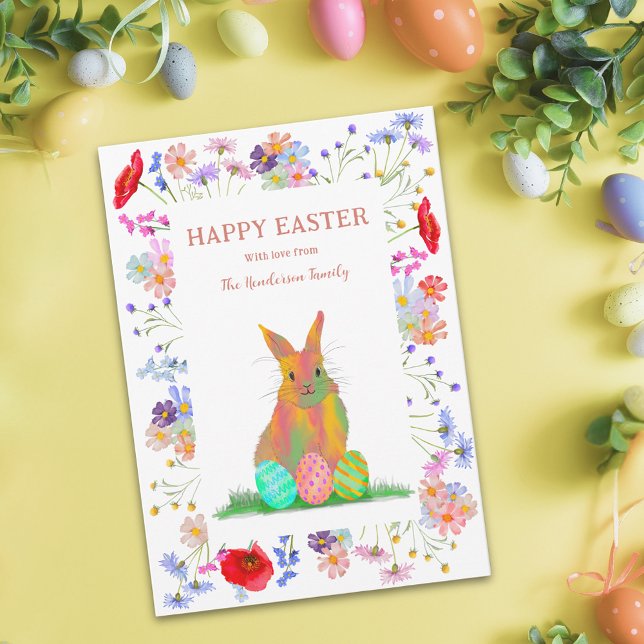 Cartão De Festividades Coelho felz pascoa e ovos Floral (Personalized happy easter cute bunny colorful watercolor wildflower floral holiday greetings card)