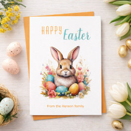 Cartão De Festividades Coelho Fofo Ovos Coloridos Flores Feliz Páscoa