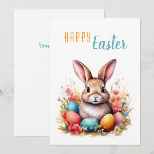 Cartão De Festividades Coelho Fofo Ovos Coloridos Flores Feliz Páscoa