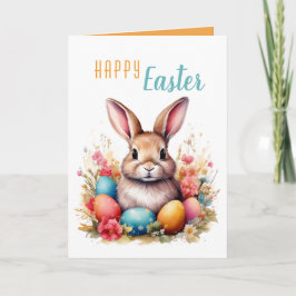 Cartão De Festividades Coelho Fofo Ovos Coloridos Flores Feliz Páscoa