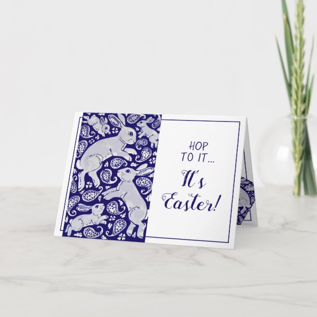 Cartão De Festividades Coelho páscoa Paisley Azul e Coelho Único Branco (Frente)
