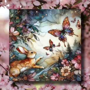 Cartão De Festividades Coelho primavera E Borboletas Páscoa De Vidro Estr