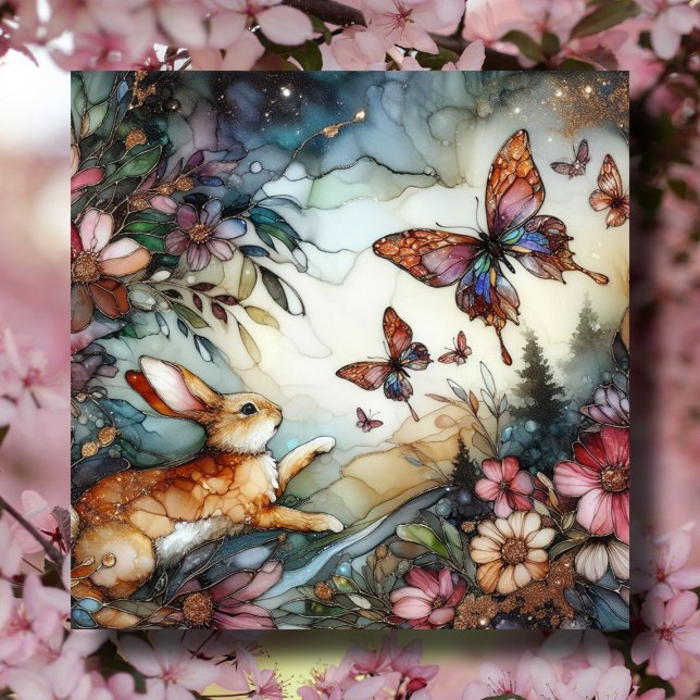 Cartão De Festividades Coelho primavera E Borboletas Páscoa De Vidro Estr (Criador carregado)