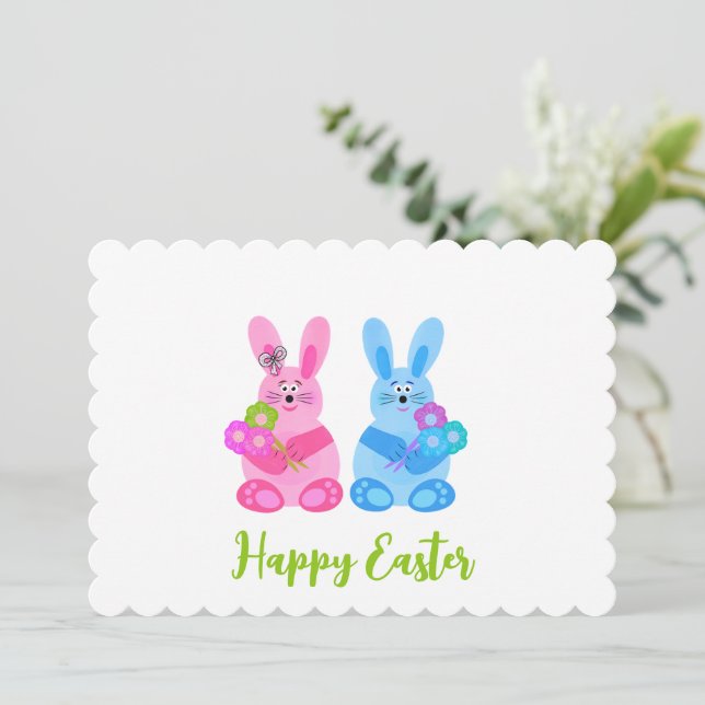 Cartão De Festividades Coelhos com flores (Em pé/Frente)