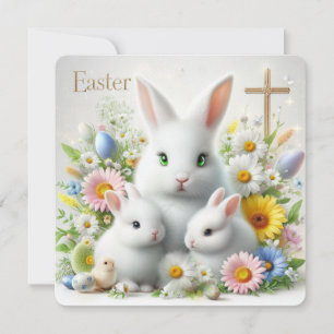 Cartão De Festividades Coelhos da Páscoa, Margaridas, Flores Silvestres e
