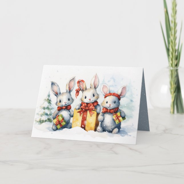 Cartão De Festividades Coelhos de Natal Com Presentes (Frente)
