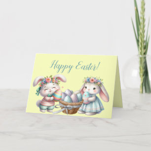 Cartão De Festividades Coelhos de Páscoa Menino e Menina com Ovos