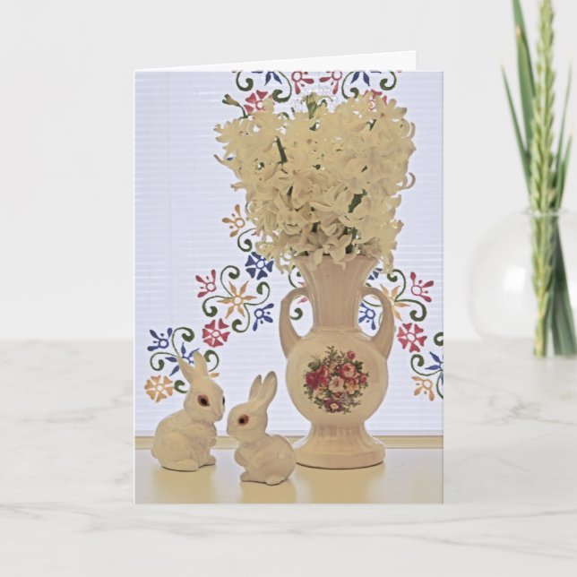 Cartão De Festividades Coelhos e vaso pequenos (Frente)