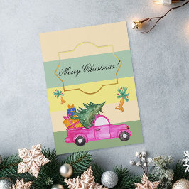 Cartão De Festividades Cofre de Natal Vermelho Rosa Arte Aquarela