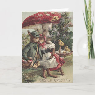 Cartão De Festividades Cogumelo de Ovo Colorido com Casal de Pintinho