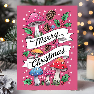 Cartão De Festividades Cogumelo Rosa Feliz Natal Floresta