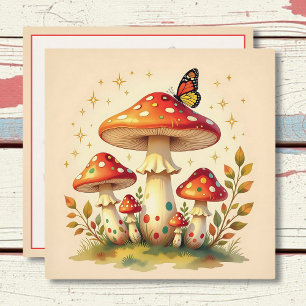 Cartão De Festividades Cogumelos e Borboleta Retro Cores Vintage