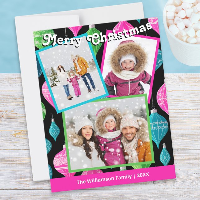 Cartão De Festividades Colagem de 3 Fotos Festivas Coloridas (A bright holiday card, personalized with 3 photos, name and year, with Merry Christmas greeting)