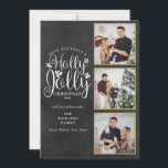 Cartão De Festividades Colagem de 3 Fotos Holly Jolly Chalkboard<br><div class="desc">Um elegante projeto de colagem de 3 fotos com tema de feriado Holly Jolly para você personalizar com suas fotos favoritas em molduras douradas,  mensagem,  nomes e ano em um fundo de quadro-negro. O verso apresenta flocos de neve caindo em um fundo de quadro-negro correspondente. Criado por Thisisnotme©</div>