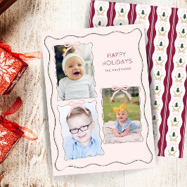 Cartão De Festividades Colagem de 3 Fotos Personalizadas com Laço Rosa e 