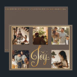 Cartão De Festividades Colagem de 5 fotos Alegria Dourado Natal Festa<br><div class="desc">“Alegria” em uma cor dourada falsa festiva. Fundo marrom único e elegante. Adicione suas fotos familiares favoritas para personalizar. Adicione sua mensagem pessoal no verso do cartão. Altere o ano no verso do cartão. Elegante. Tão simples,  mas sofisticado.</div>