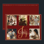 Cartão De Festividades Colagem de 5 fotos Alegria Natal Festa<br><div class="desc">“Alegria” em belo texto dourado falso. Fundo vermelho sazonal. Adicione suas fotos familiares favoritas para personalizar. Altere os nomes e o ano,  seu nome e que cartão de natal lindo isto é.. Elegante. Tão simples,  porém sofisticado.</div>