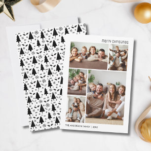 Cartão De Festividades Colagem de 5 Fotos de Natal Família Branco e Preto