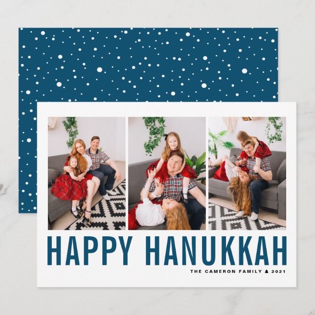 Cartão De Festividades Colagem de Fotografia Azul Típica Feliz Hanukkah (Frente/Verso)